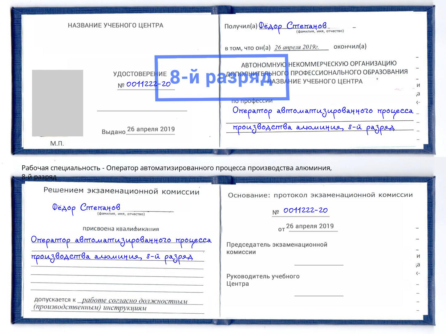 корочка 8-й разряд Оператор автоматизированного процесса производства алюминия Курганинск