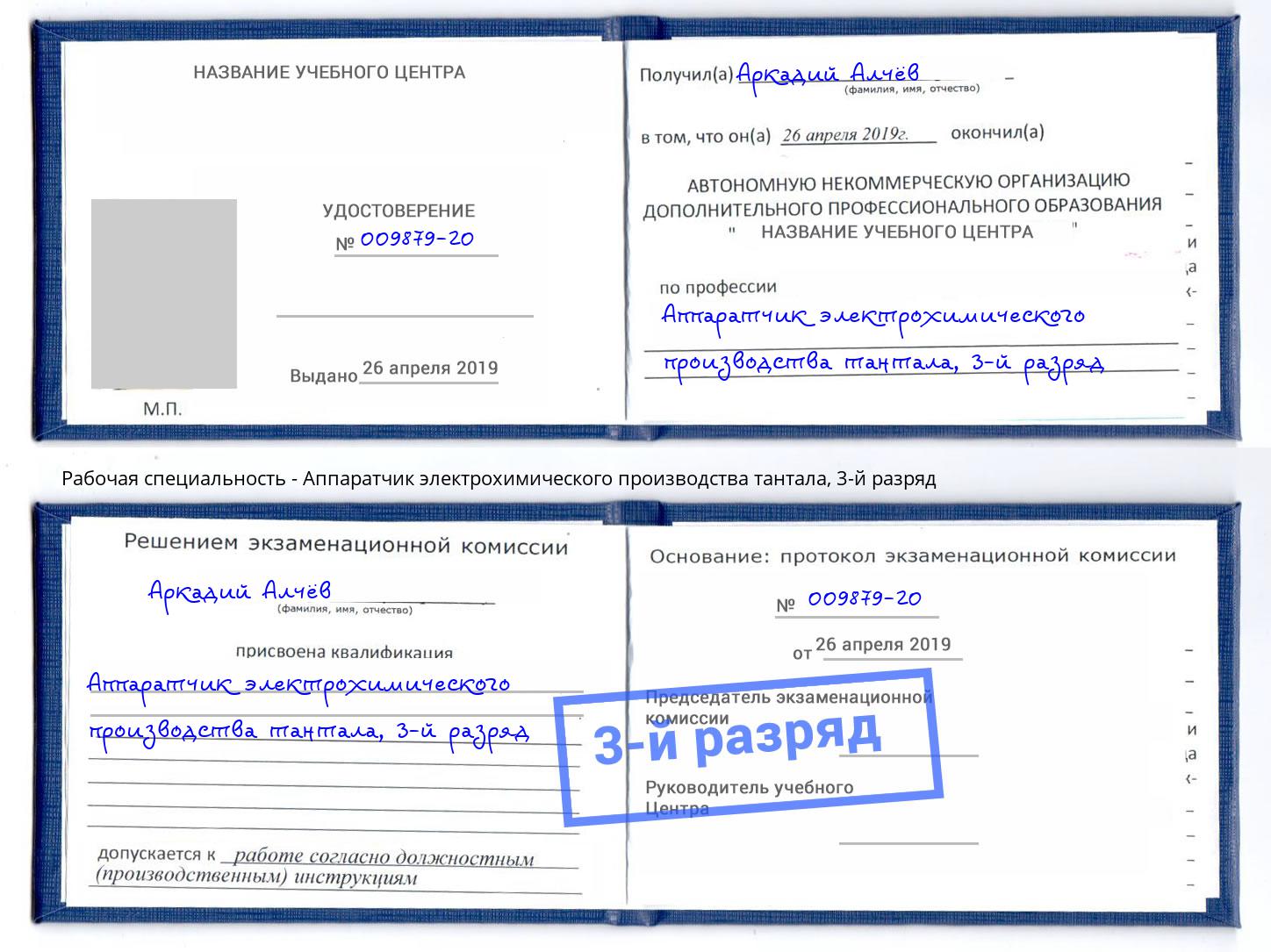корочка 3-й разряд Аппаратчик электрохимического производства тантала Курганинск